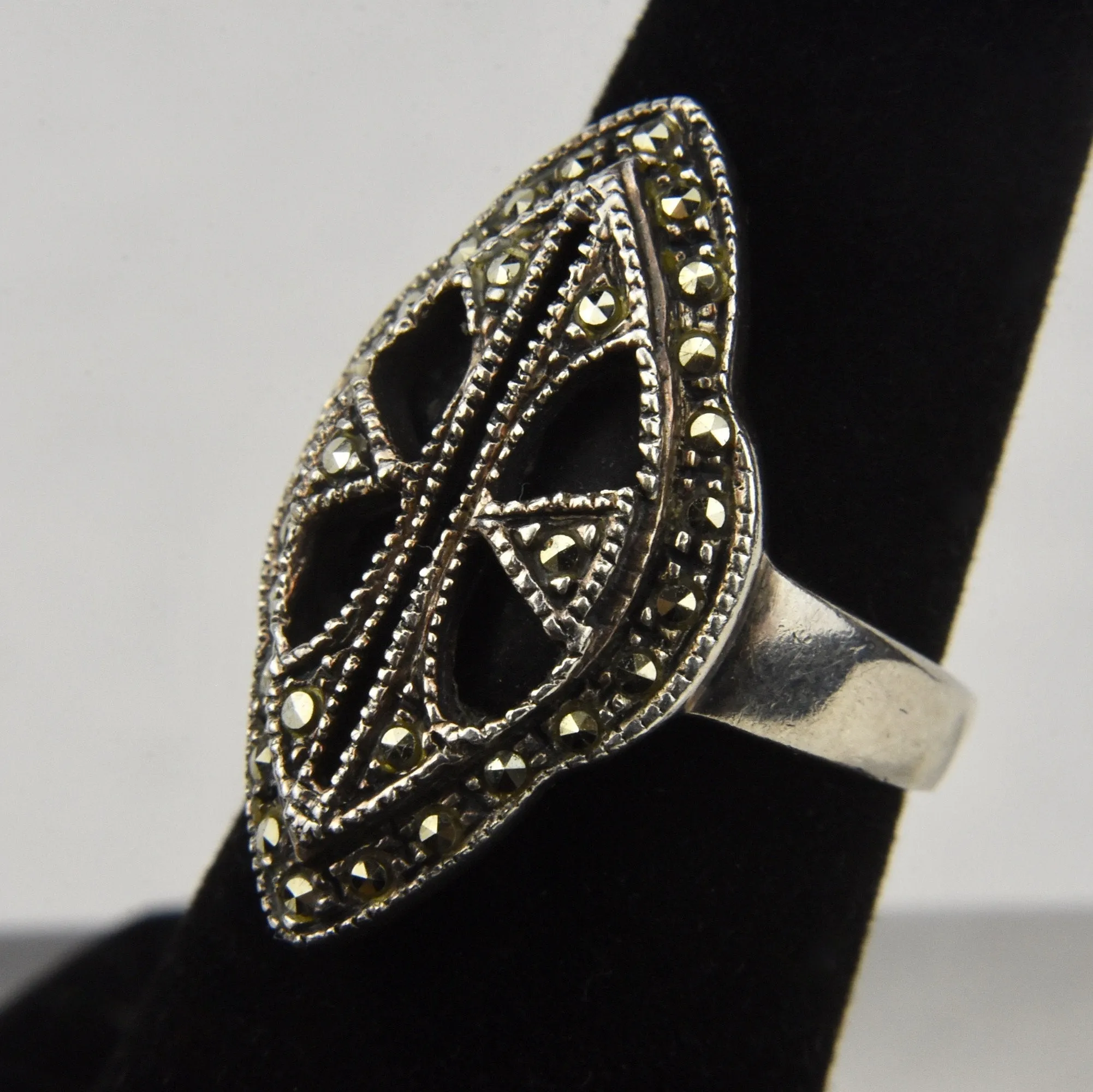 Art Deco Sterling Silver Black Onyx and Marcasite Ring - Size 6