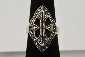 Art Deco Sterling Silver Black Onyx and Marcasite Ring - Size 6