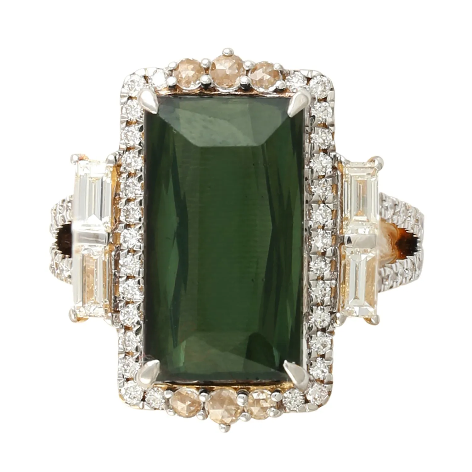 Baguette Cut Tourmaline Pave Diamond Cocktail Ring In 18k Yellow Gold Fine Jewelry