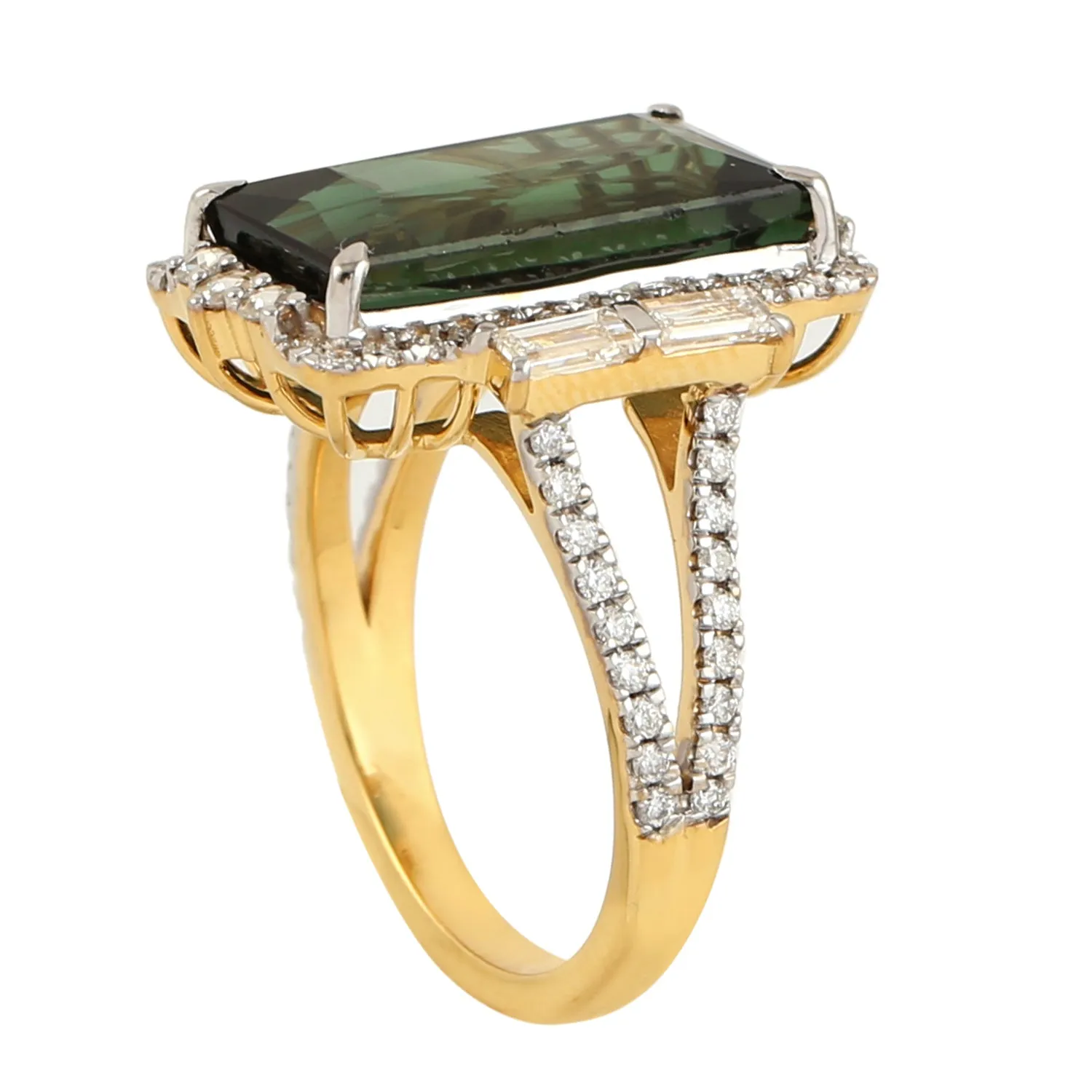 Baguette Cut Tourmaline Pave Diamond Cocktail Ring In 18k Yellow Gold Fine Jewelry