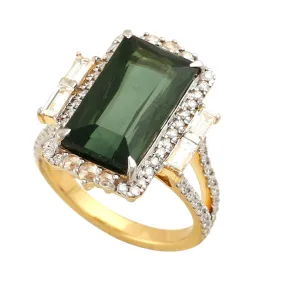 Baguette Cut Tourmaline Pave Diamond Cocktail Ring In 18k Yellow Gold Fine Jewelry