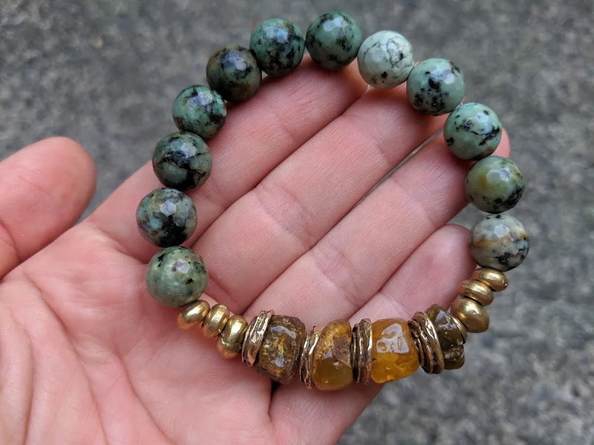 Baltic Amber & African Turquoise Forest Green Earthy Elastic Bracelet