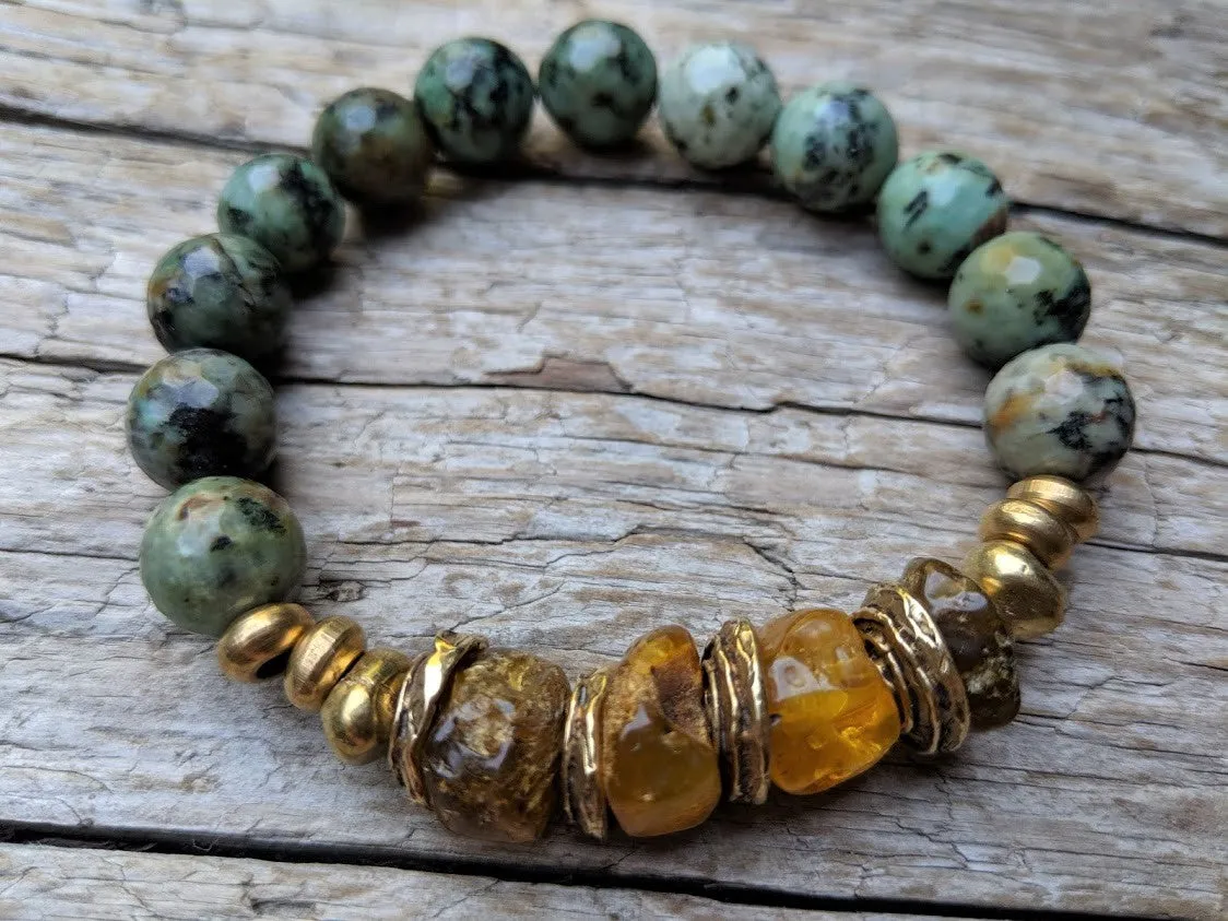 Baltic Amber & African Turquoise Forest Green Earthy Elastic Bracelet