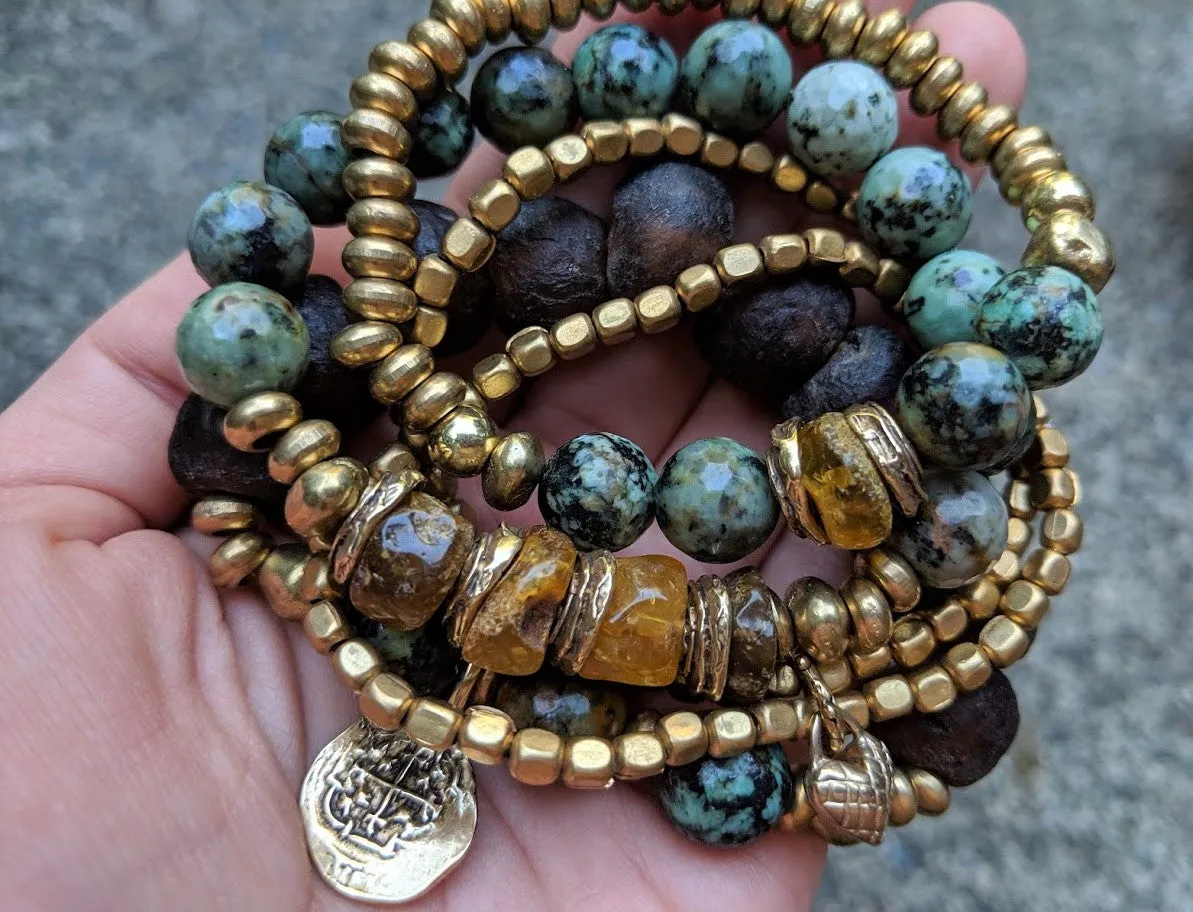 Baltic Amber & African Turquoise Forest Green Earthy Elastic Bracelet