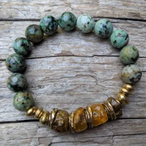 Baltic Amber & African Turquoise Forest Green Earthy Elastic Bracelet