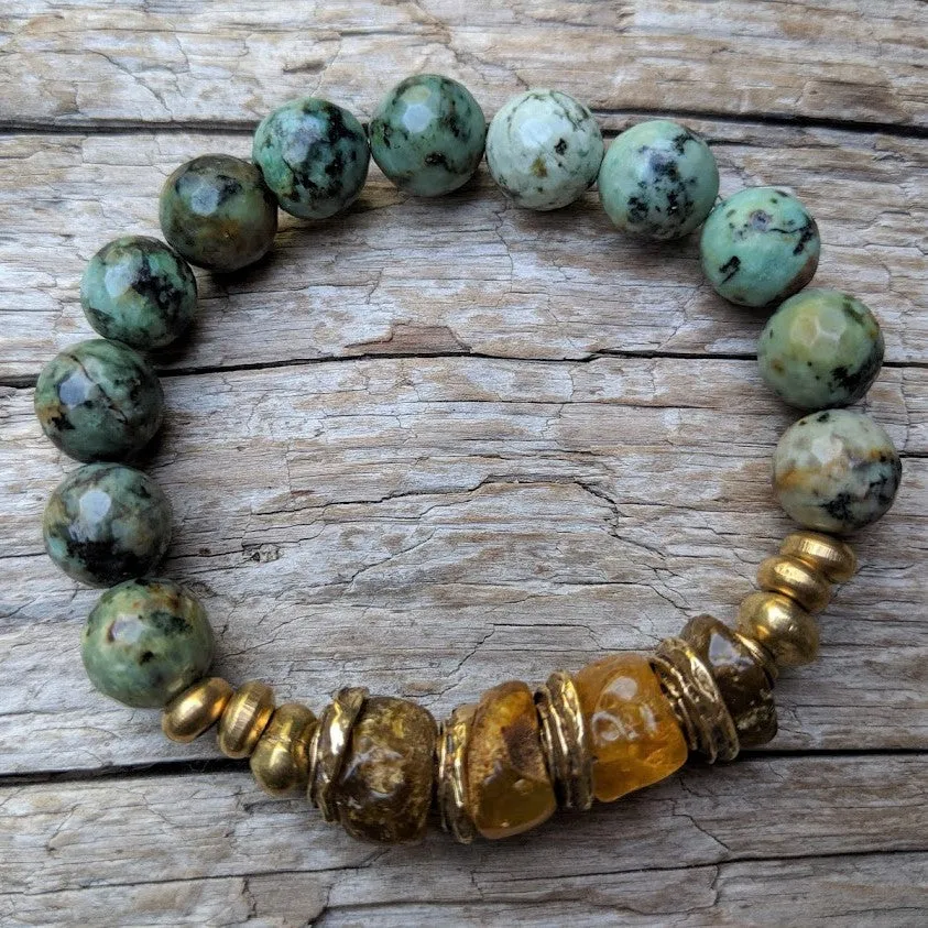 Baltic Amber & African Turquoise Forest Green Earthy Elastic Bracelet