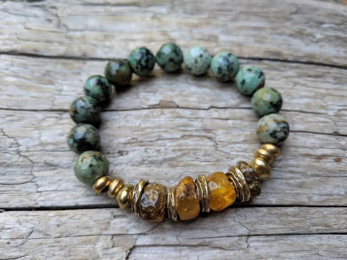 Baltic Amber & African Turquoise Forest Green Earthy Elastic Bracelet
