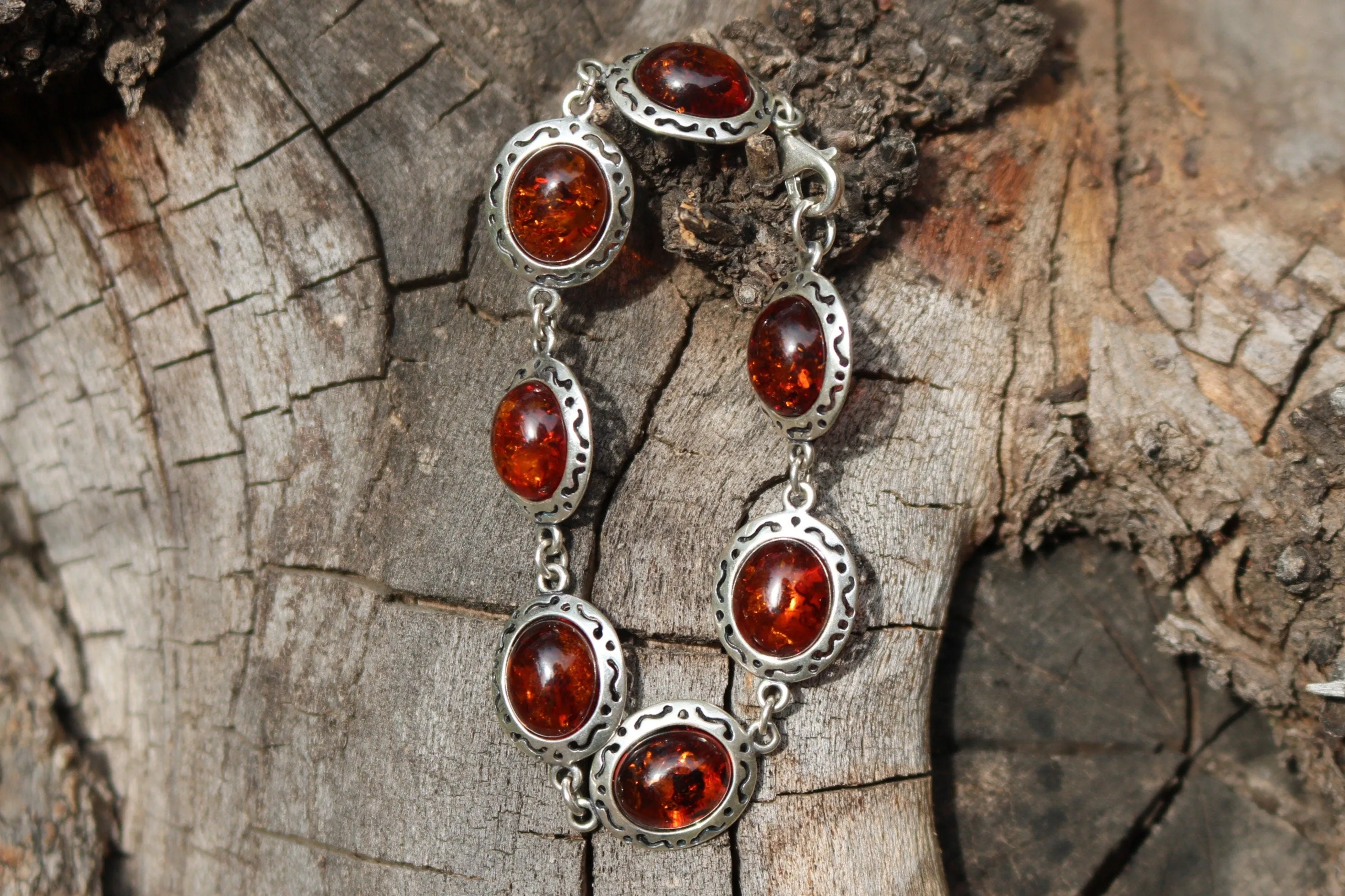 Baltic Amber Chain Bracelet Cherry Natural Jewelry Silver 7″ 925 Silver