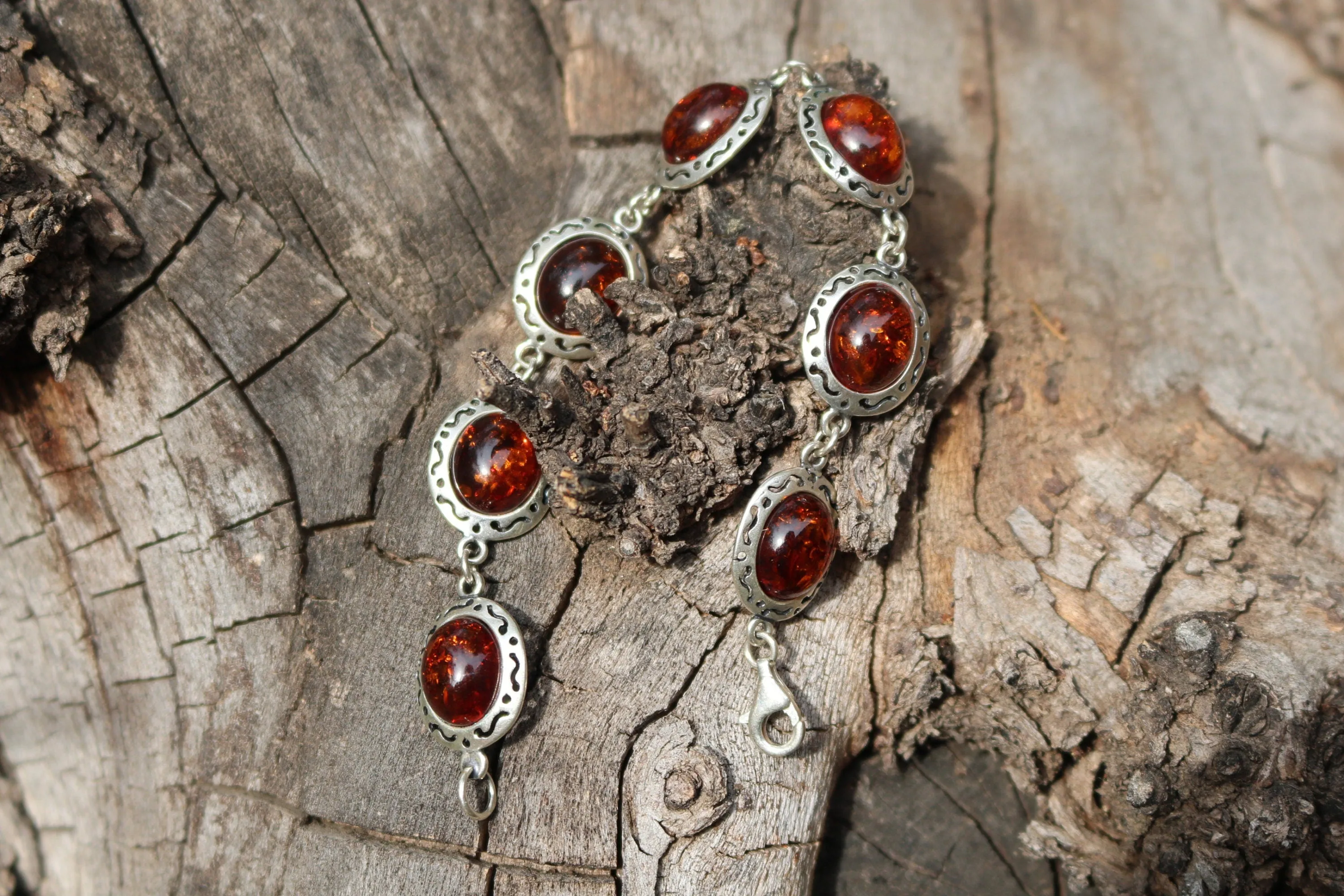 Baltic Amber Chain Bracelet Cherry Natural Jewelry Silver 7″ 925 Silver