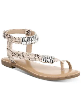 BAR III Womens Beige Snake Print Metallic Ring Details Toe Ring Ankle Strap Asymmetrical Vella Round Toe Buckle Dress Thong Sandals Shoes M