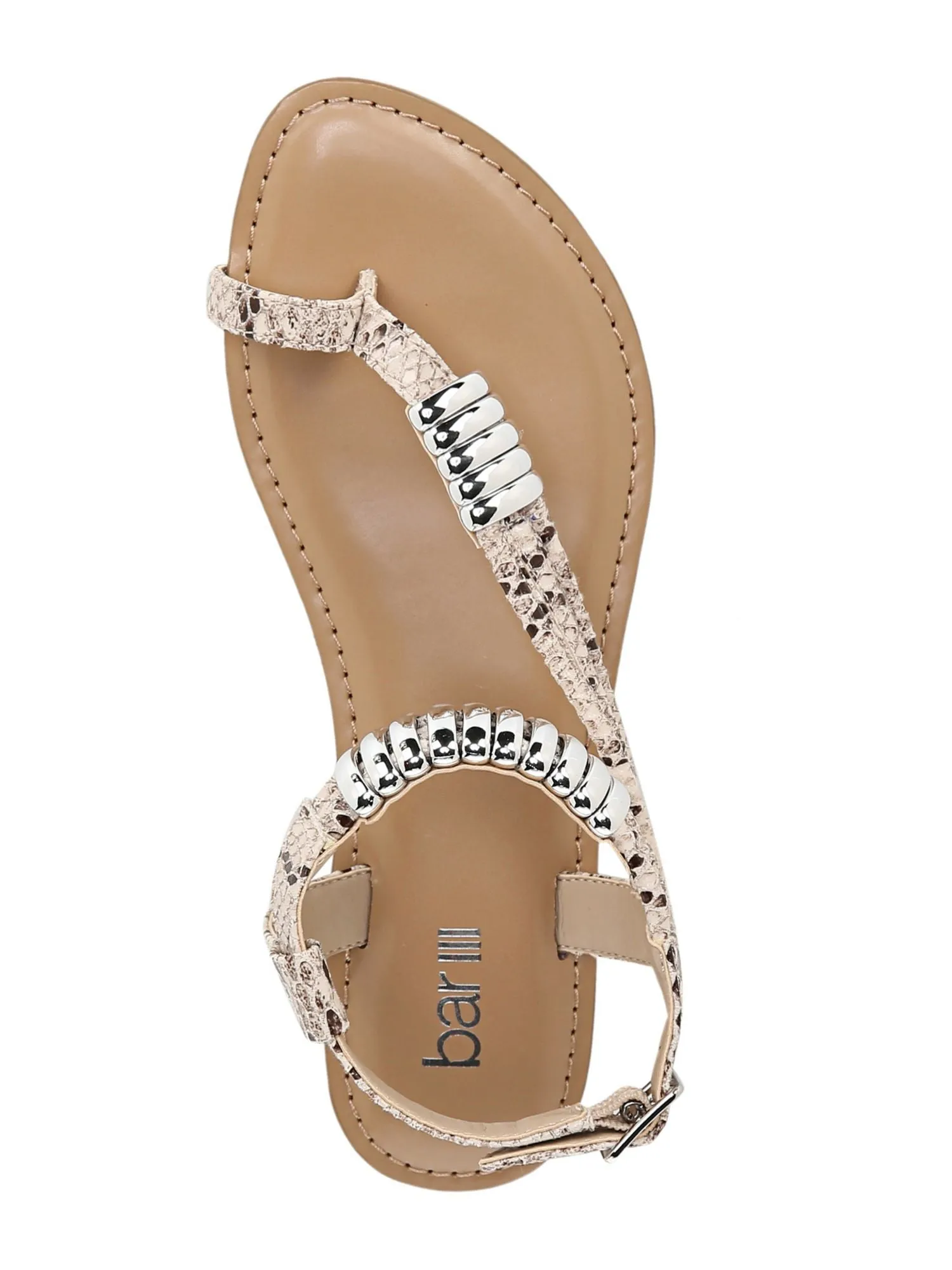 BAR III Womens Beige Snake Print Metallic Ring Details Toe Ring Ankle Strap Asymmetrical Vella Round Toe Buckle Dress Thong Sandals Shoes M