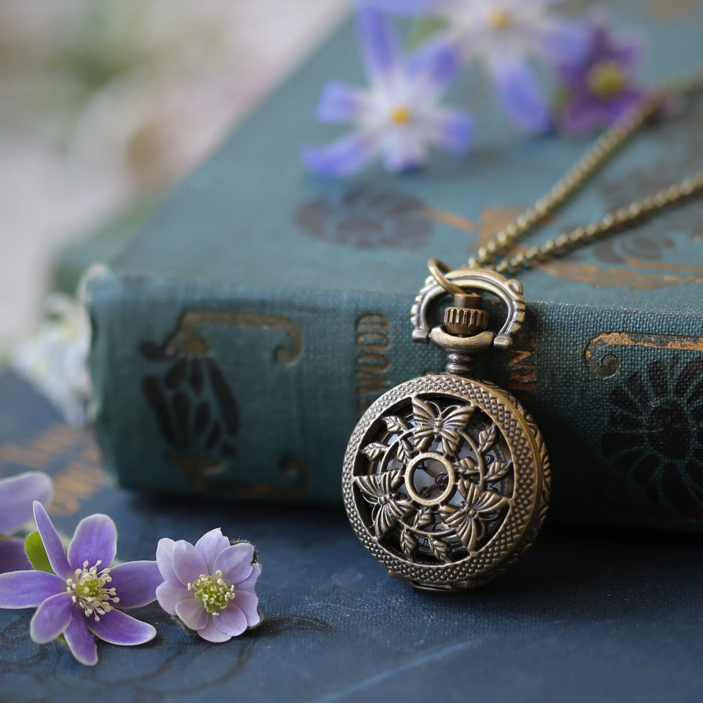 Birds and Bees Watch Necklace - Vintage Style in Antiqued Brass - Battery Operated