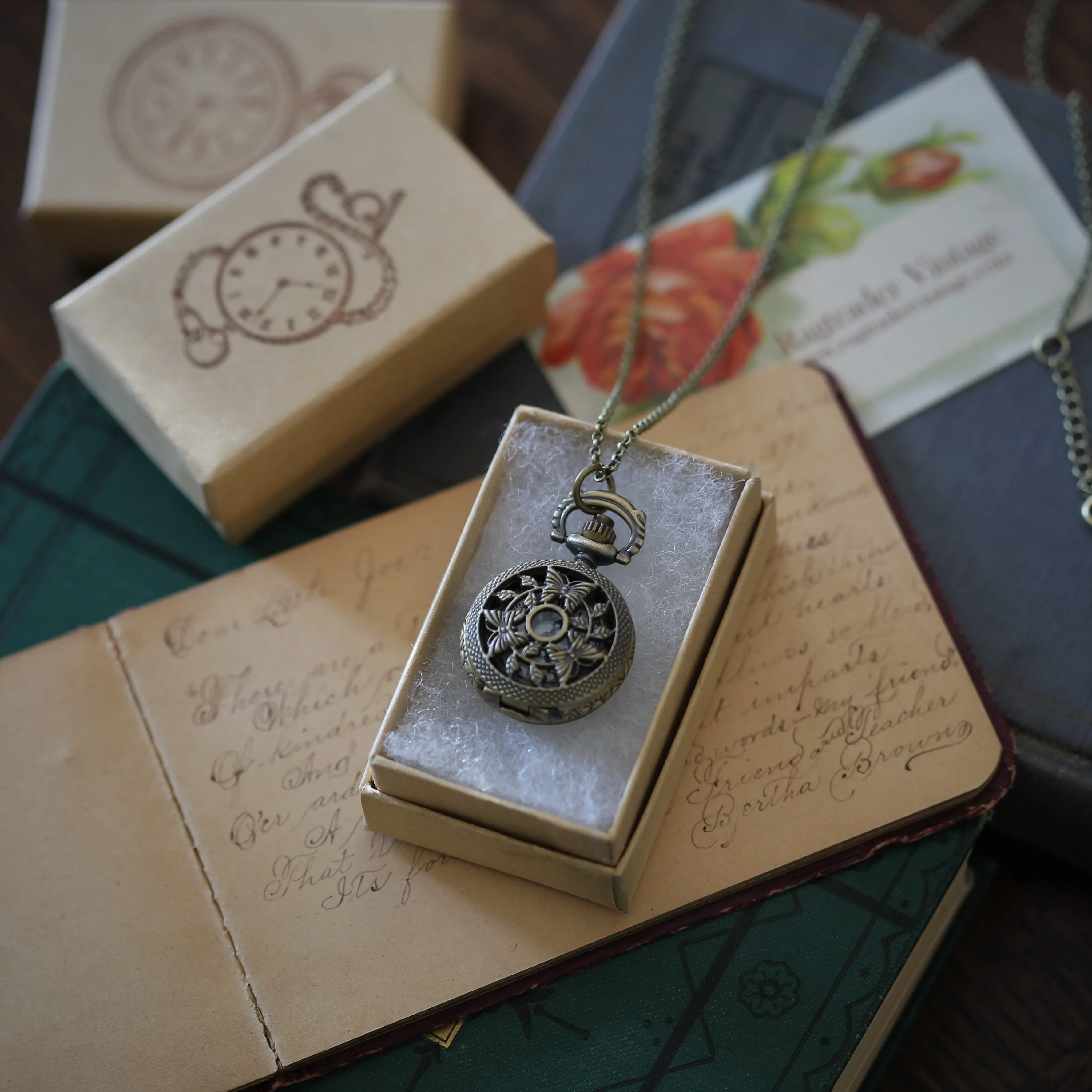 Birds and Bees Watch Necklace - Vintage Style in Antiqued Brass - Battery Operated