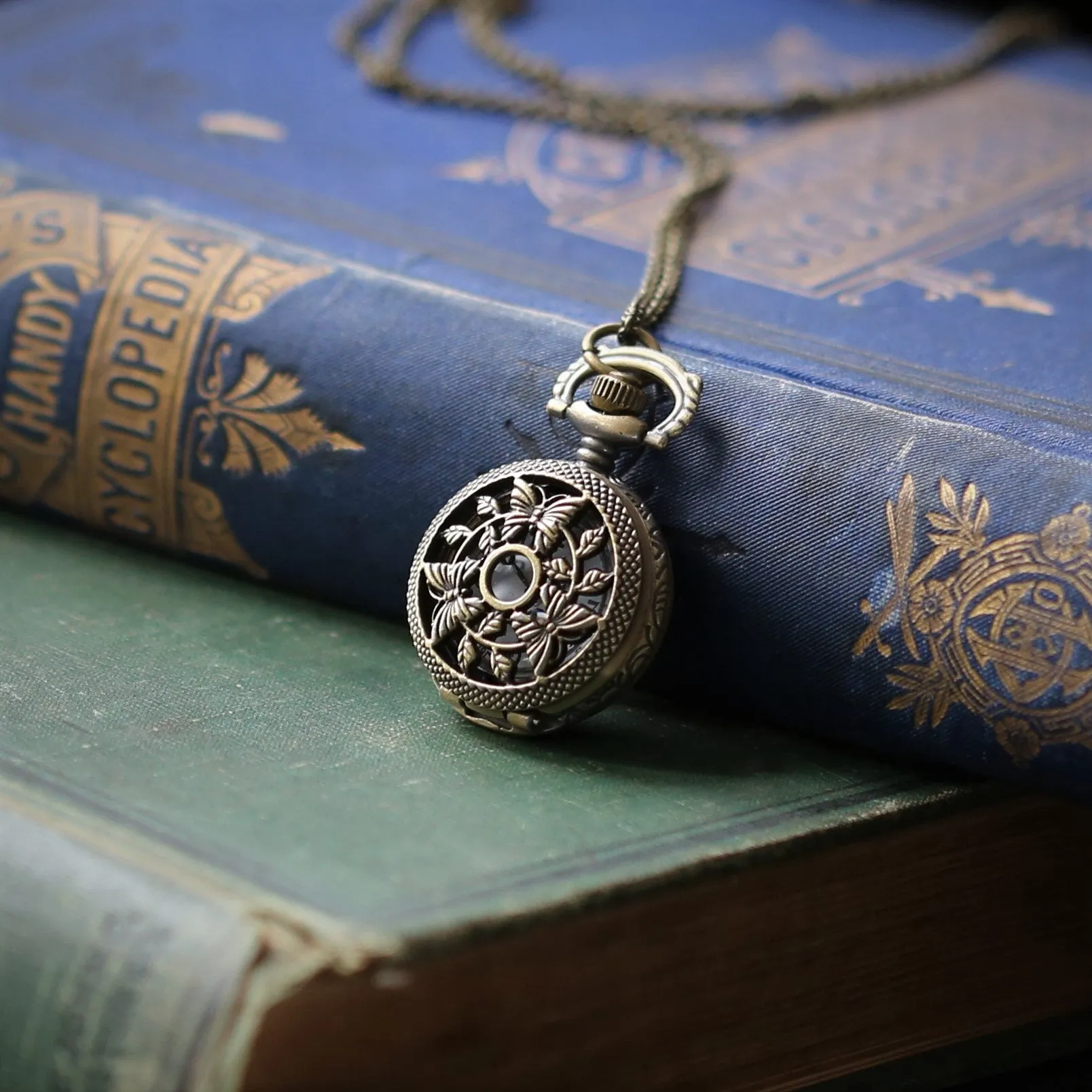 Birds and Bees Watch Necklace - Vintage Style in Antiqued Brass - Battery Operated