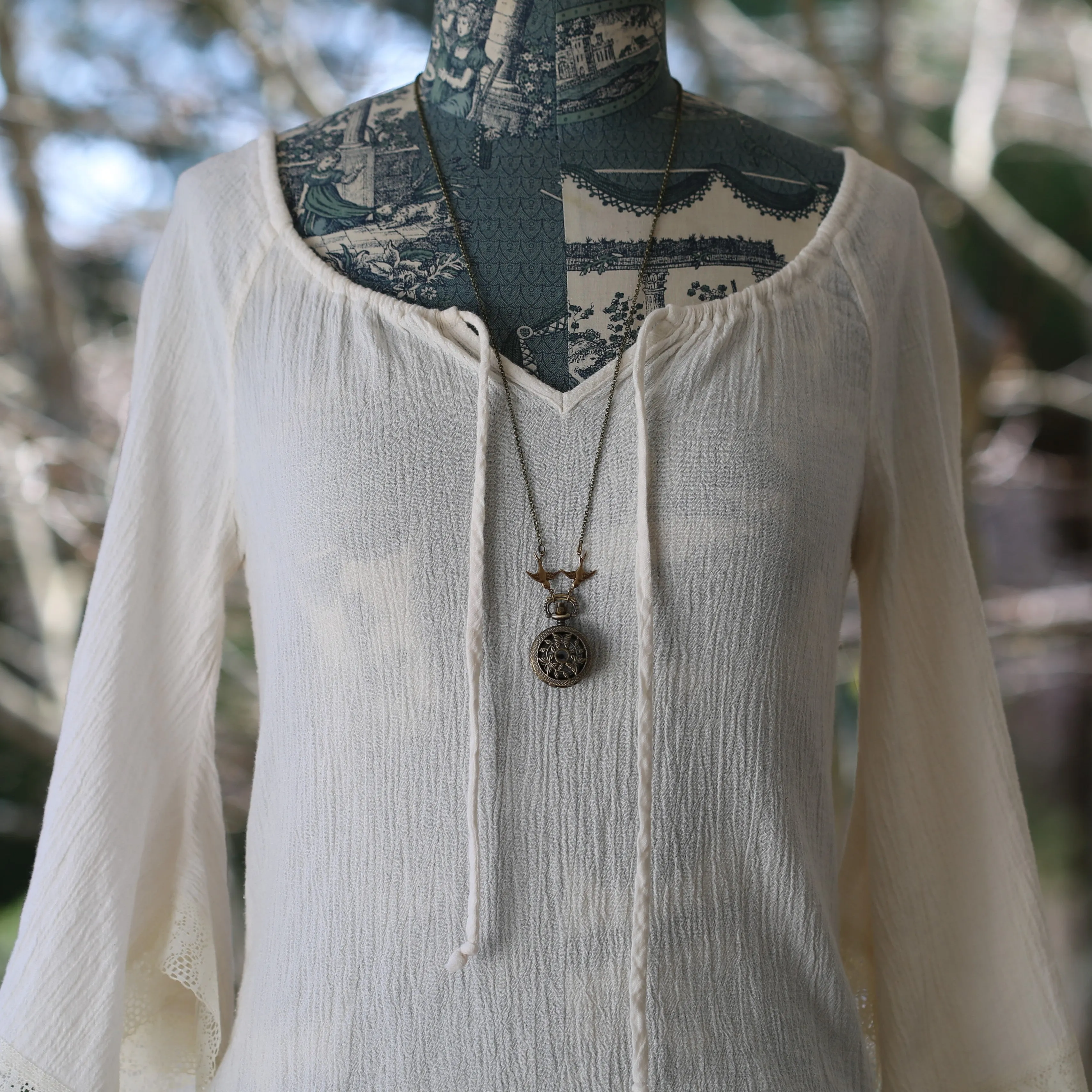 Birds and Bees Watch Necklace - Vintage Style in Antiqued Brass - Battery Operated