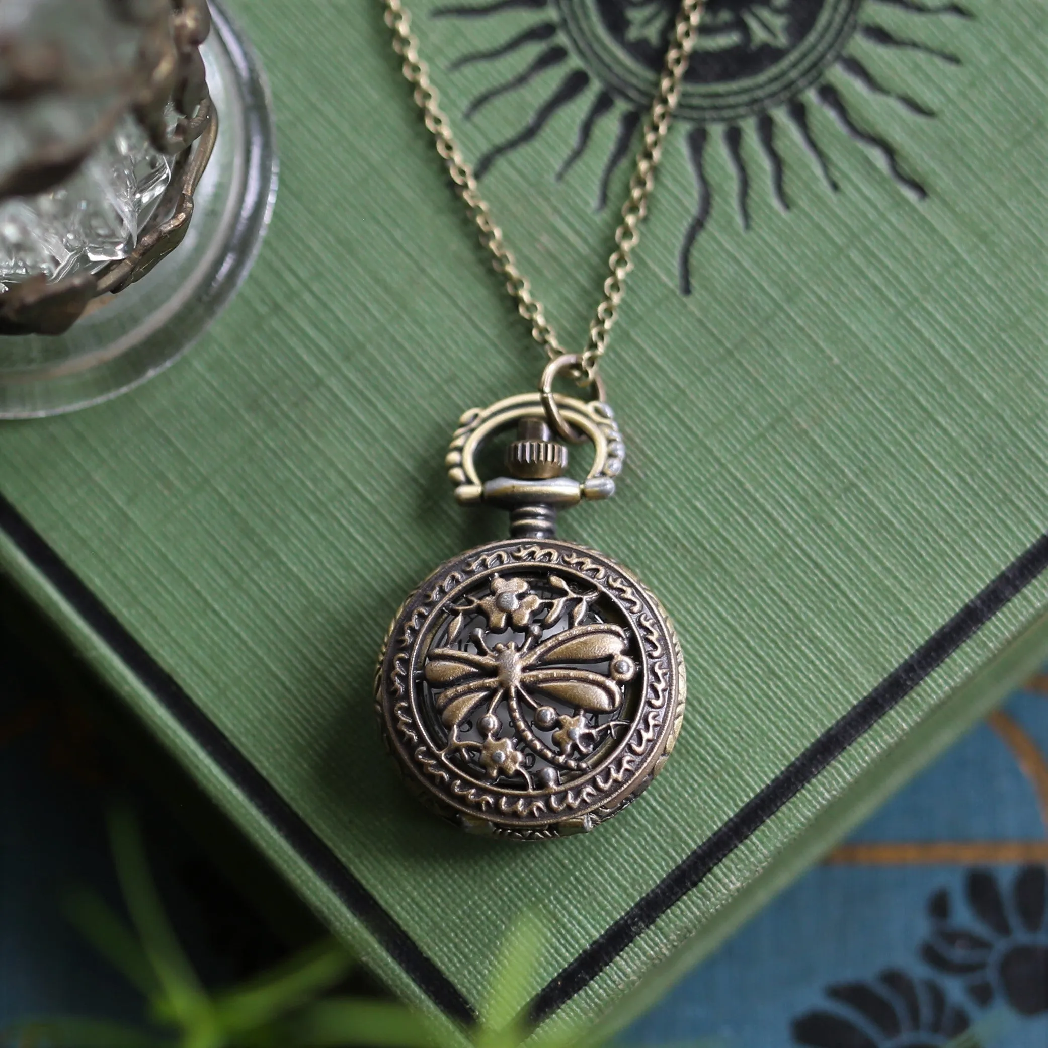 Birds and Bees Watch Necklace - Vintage Style in Antiqued Brass - Battery Operated