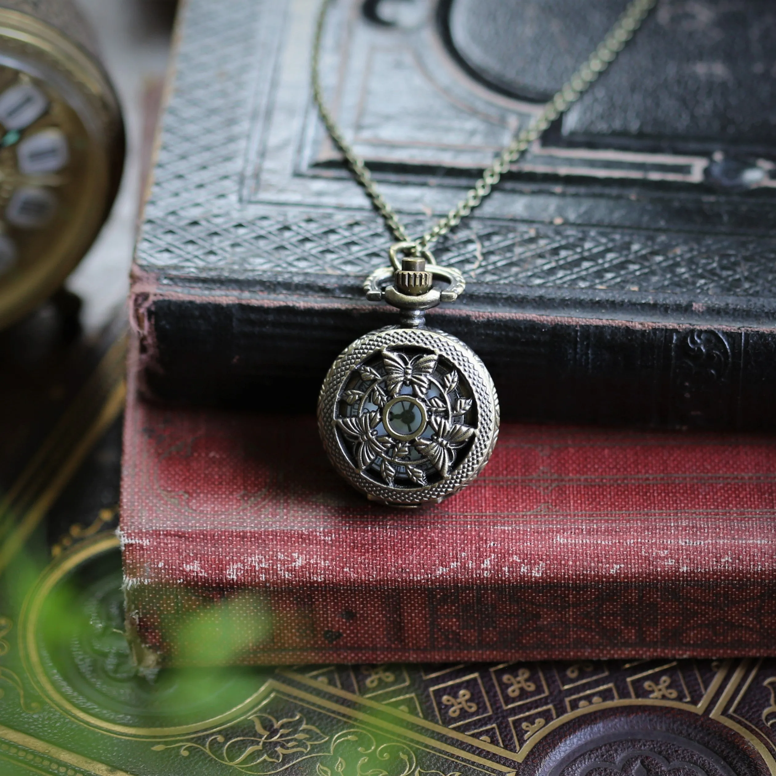 Birds and Bees Watch Necklace - Vintage Style in Antiqued Brass - Battery Operated