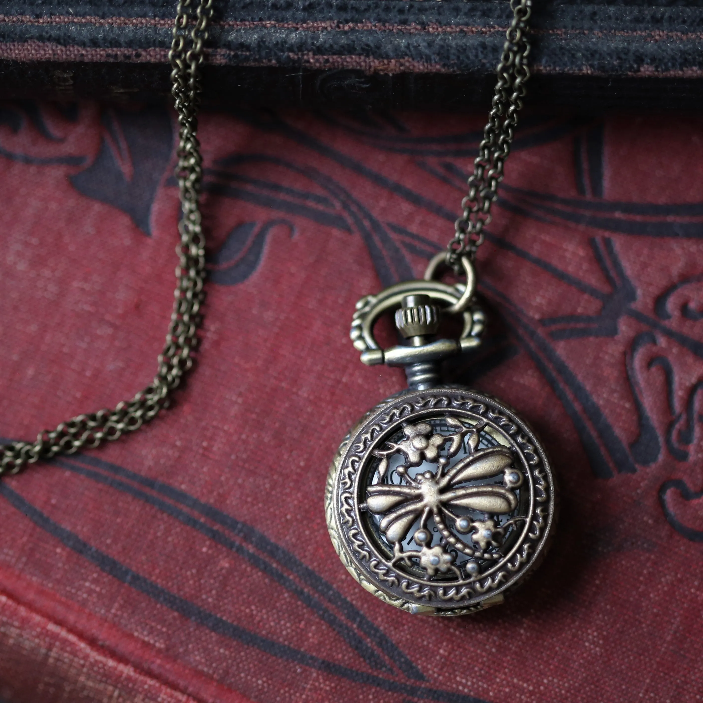 Birds and Bees Watch Necklace - Vintage Style in Antiqued Brass - Battery Operated