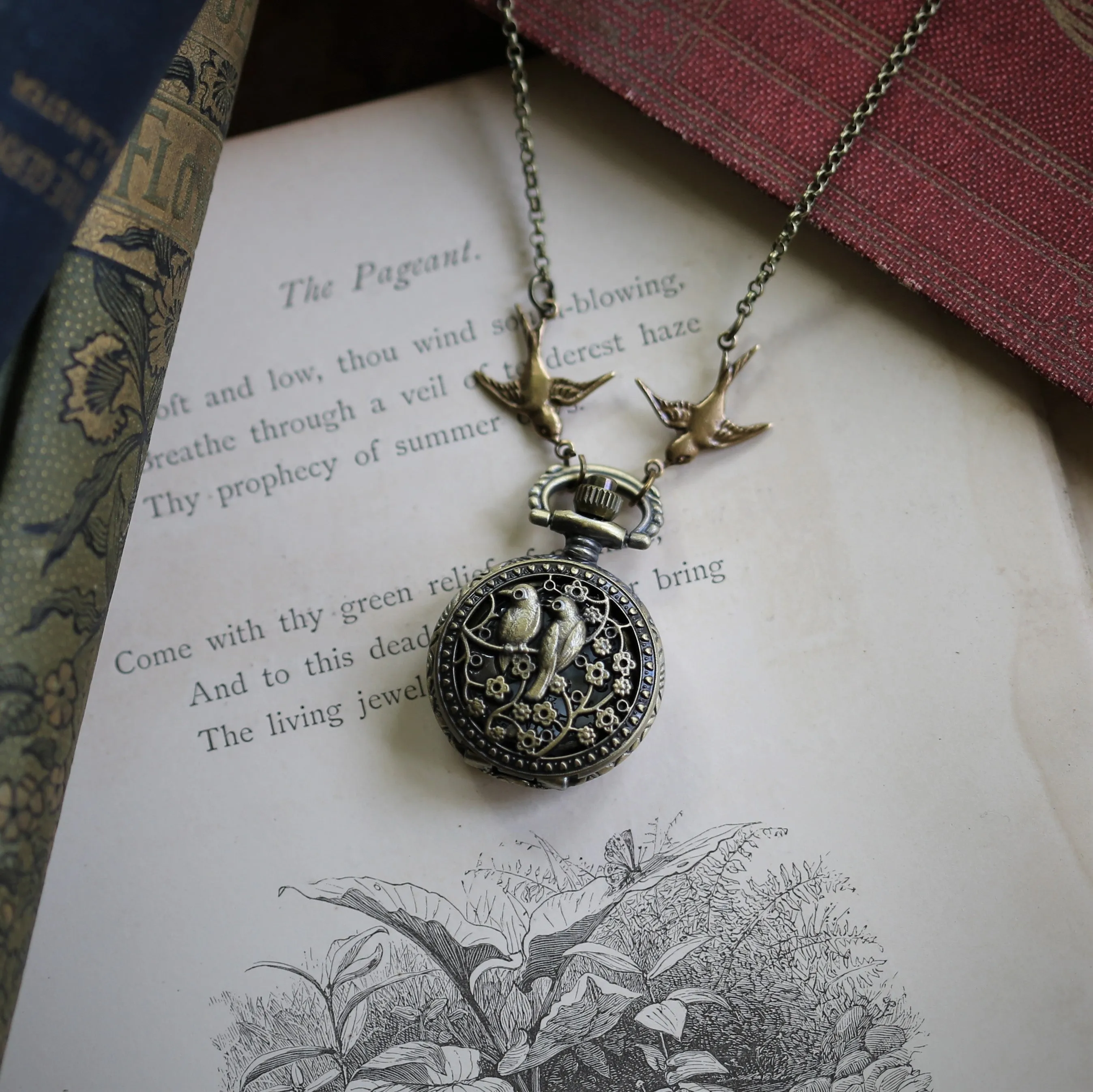 Birds and Bees Watch Necklace - Vintage Style in Antiqued Brass - Battery Operated