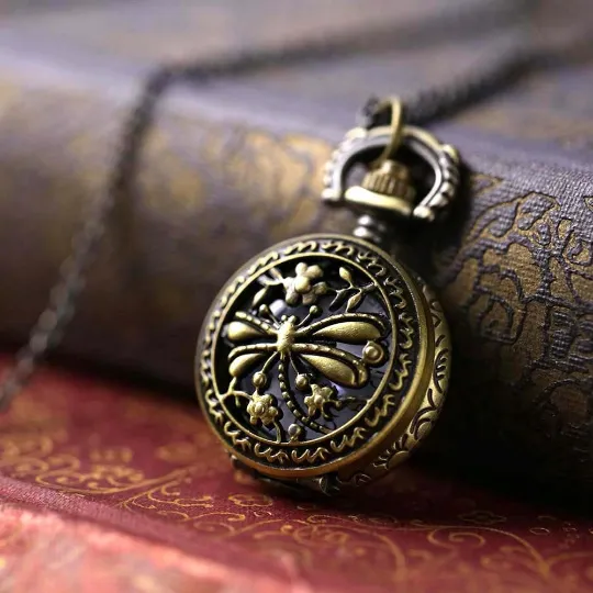 Birds and Bees Watch Necklace - Vintage Style in Antiqued Brass - Battery Operated