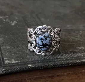 Black and Gray Snowflake Obsidian Silver Ring