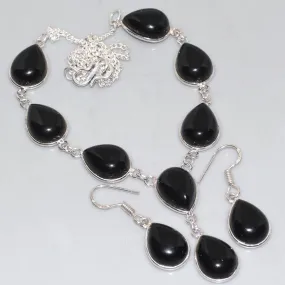 Black Onyx .925 Silver Plated Necklace & Earring Set 18"