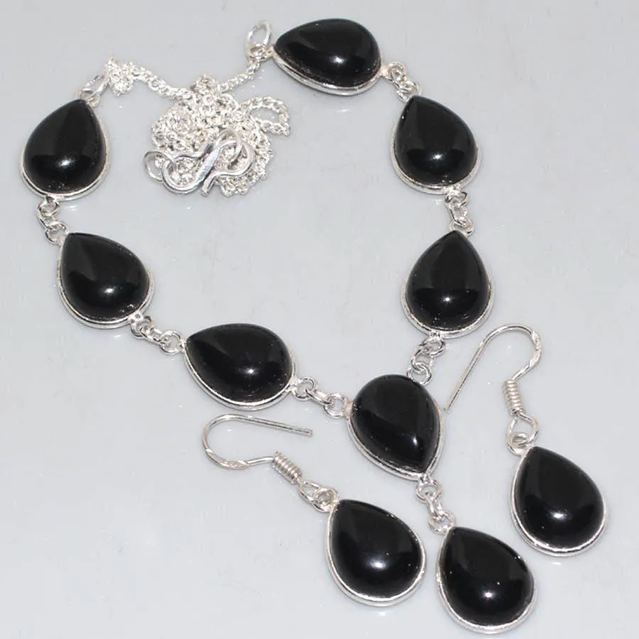 Black Onyx .925 Silver Plated Necklace & Earring Set 18"