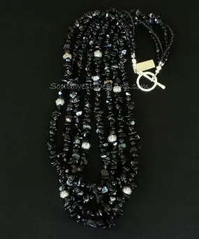 Black Onyx Chip 4-Strand Necklace with Onyx & Smoky Quartz Rounds, Vintage Czechoslovakian Nailheads, Ornate Sterling Silver Beads, and Sterling Silver Toggle Clasp