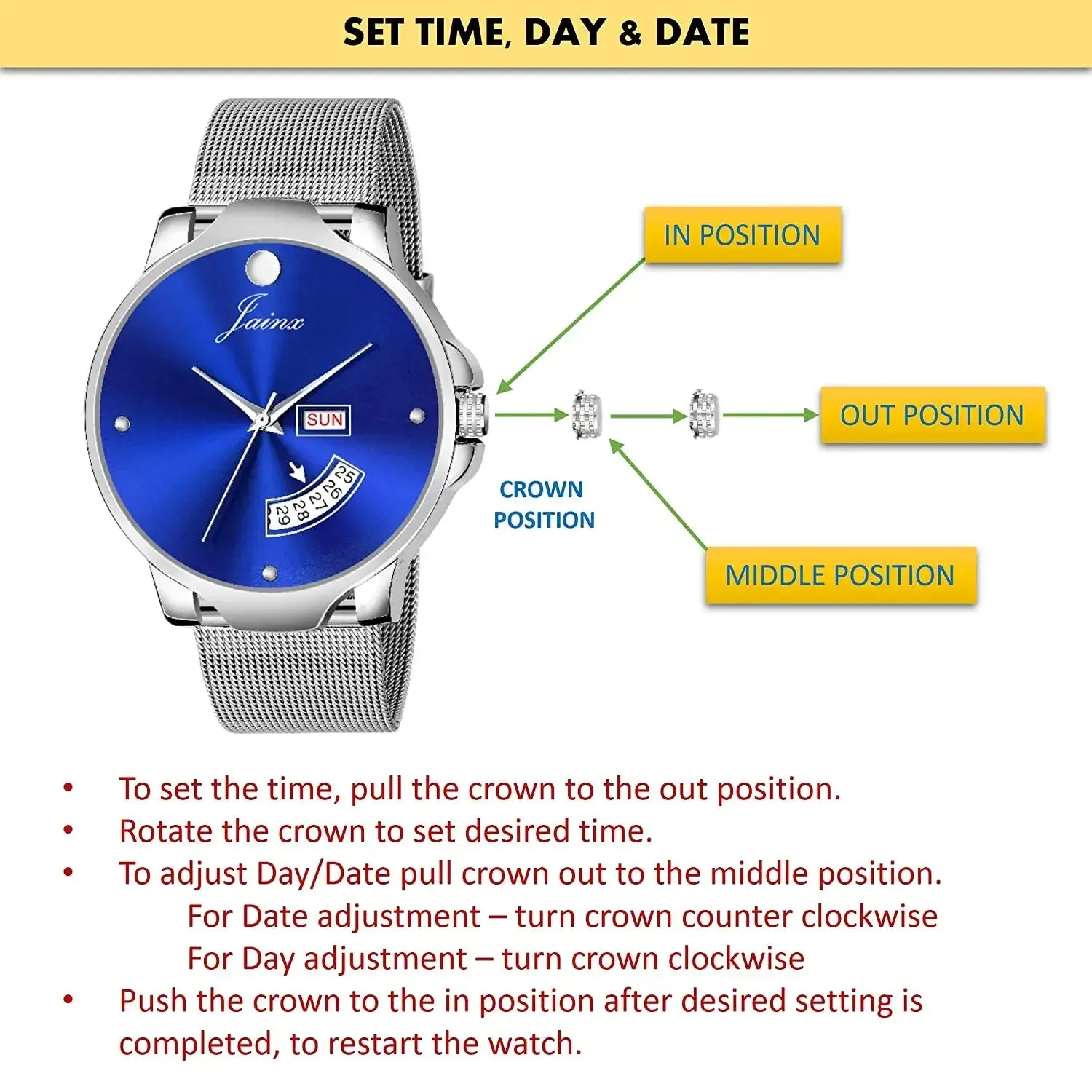 Blue Day & Date Function Dial Steel Mesh Chain Analog Watch - For Men JM7119