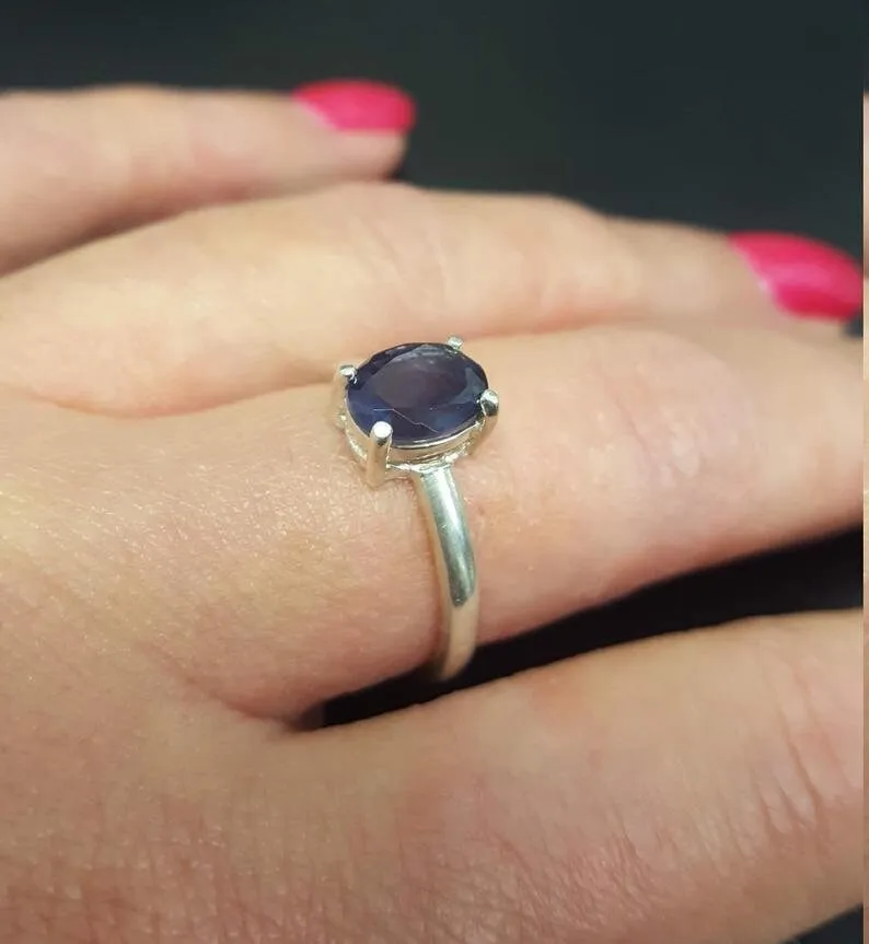 Blue Gemstone Gold Ring - Natural Iolite Ring - Solitaire Iolite Ring