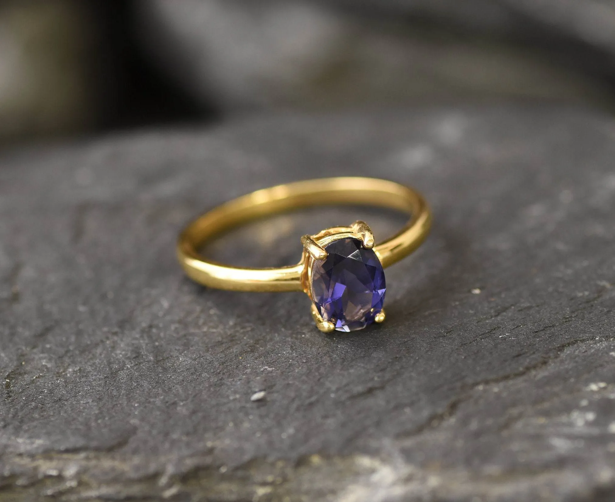 Blue Gemstone Gold Ring - Natural Iolite Ring - Solitaire Iolite Ring