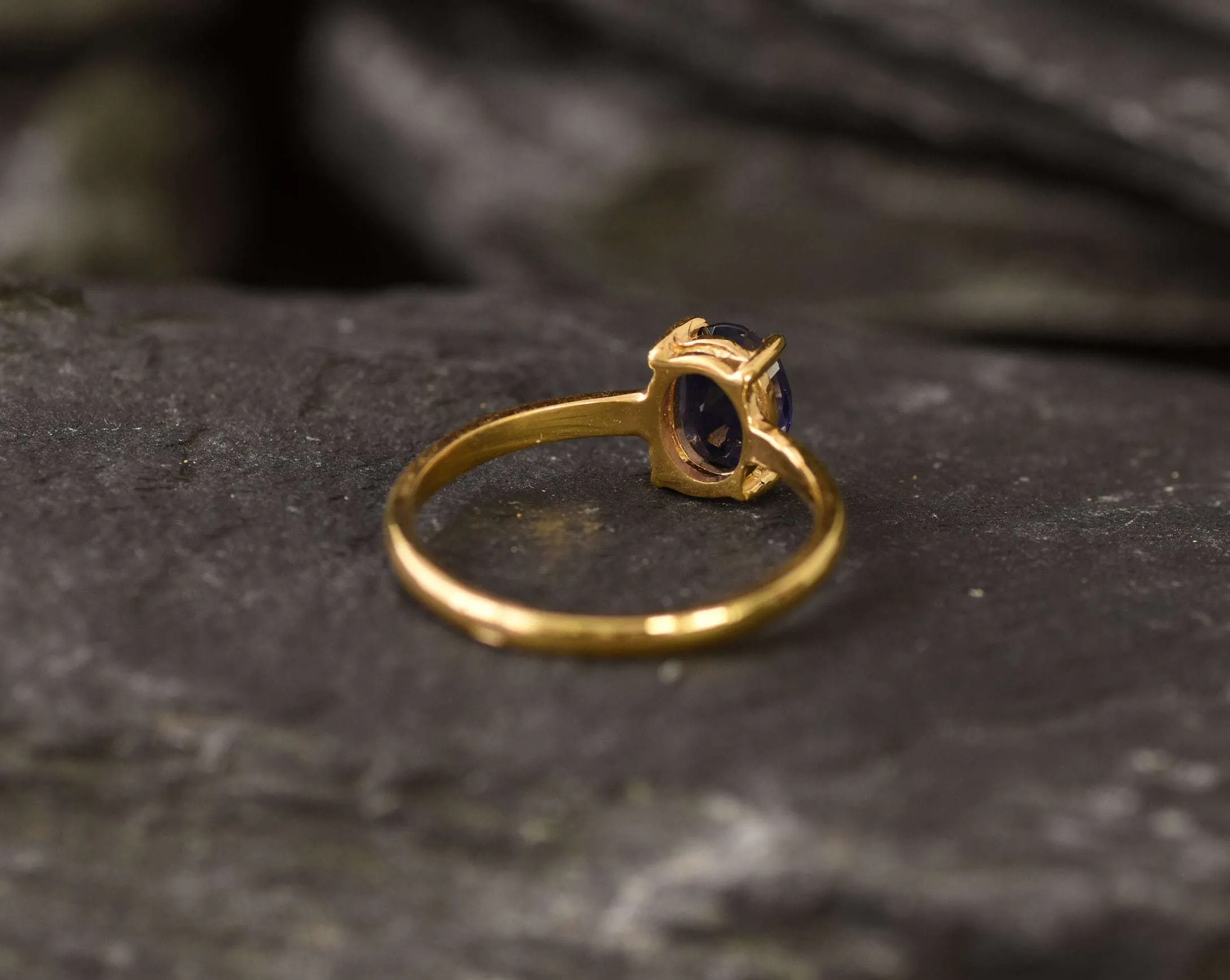 Blue Gemstone Gold Ring - Natural Iolite Ring - Solitaire Iolite Ring