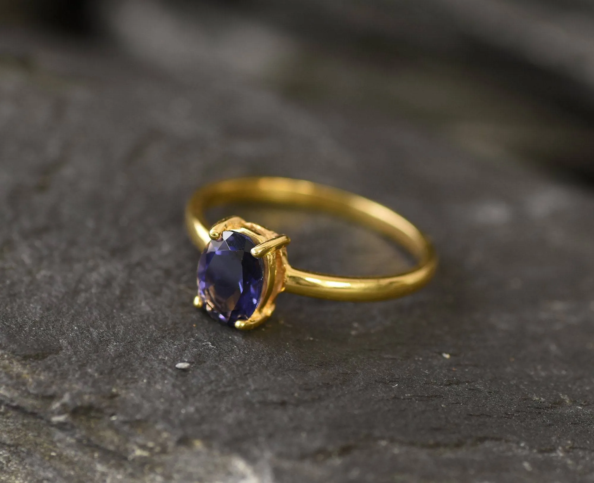 Blue Gemstone Gold Ring - Natural Iolite Ring - Solitaire Iolite Ring