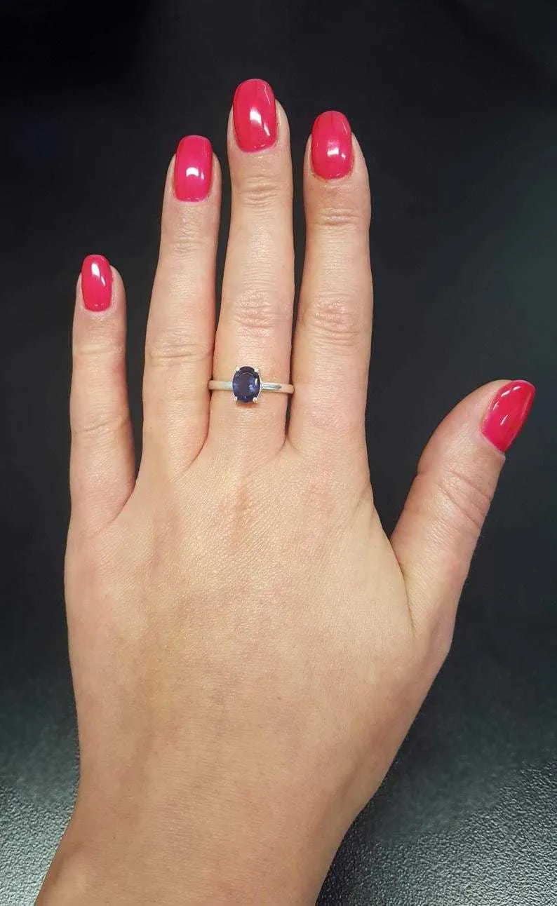 Blue Gemstone Gold Ring - Natural Iolite Ring - Solitaire Iolite Ring