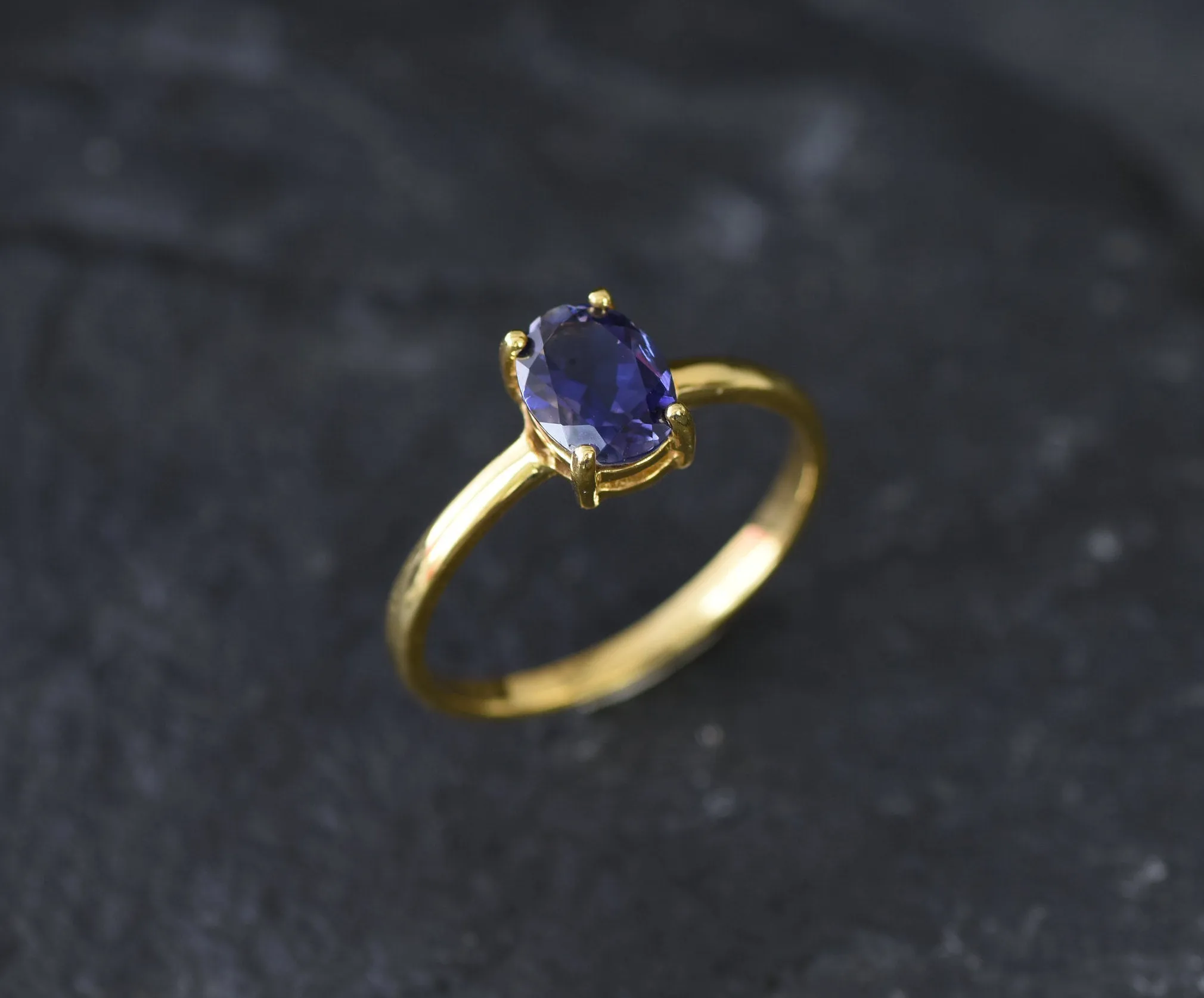Blue Gemstone Gold Ring - Natural Iolite Ring - Solitaire Iolite Ring