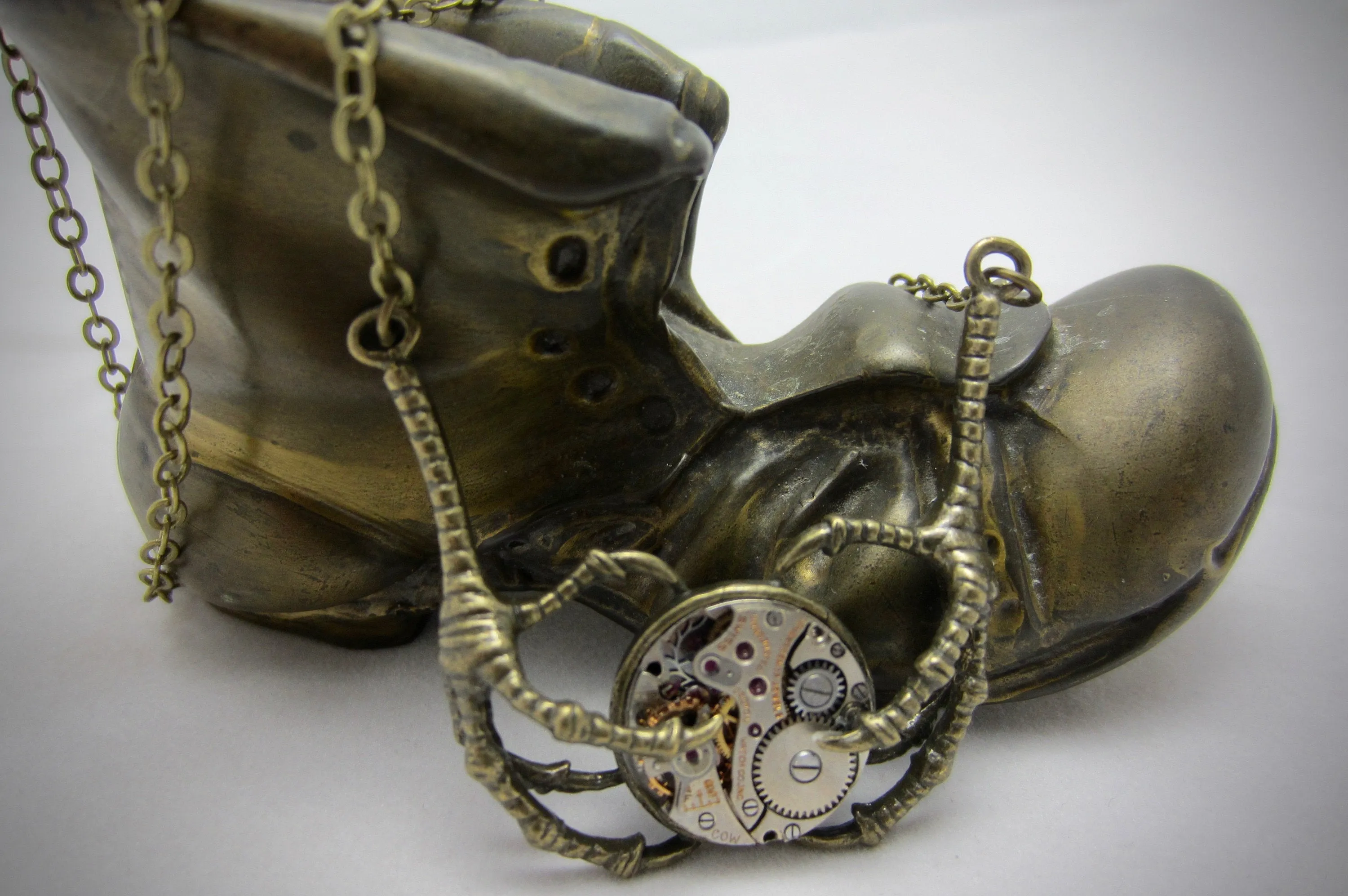 Bronze claw pendant - Steampunk Jewelry - Unique jewelry for kids - Claw holding Vintage watch movements