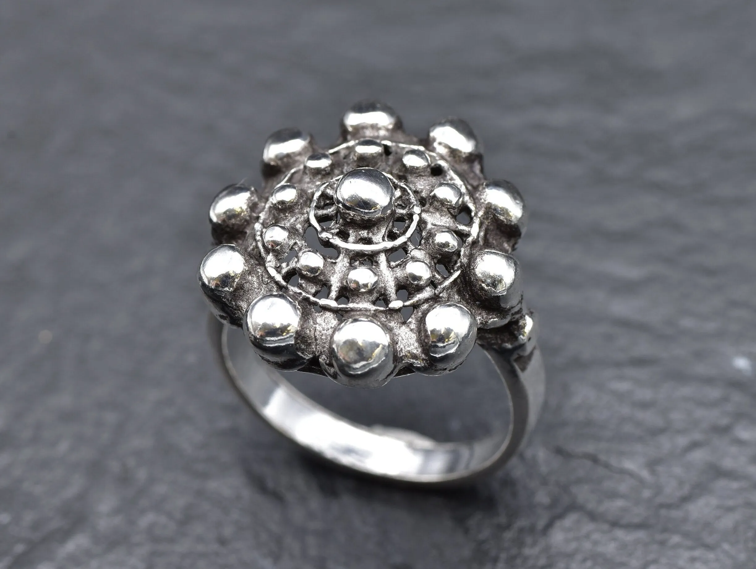 Charro Button Ring - Ancient Silver Ring, Vintage Floral Ring