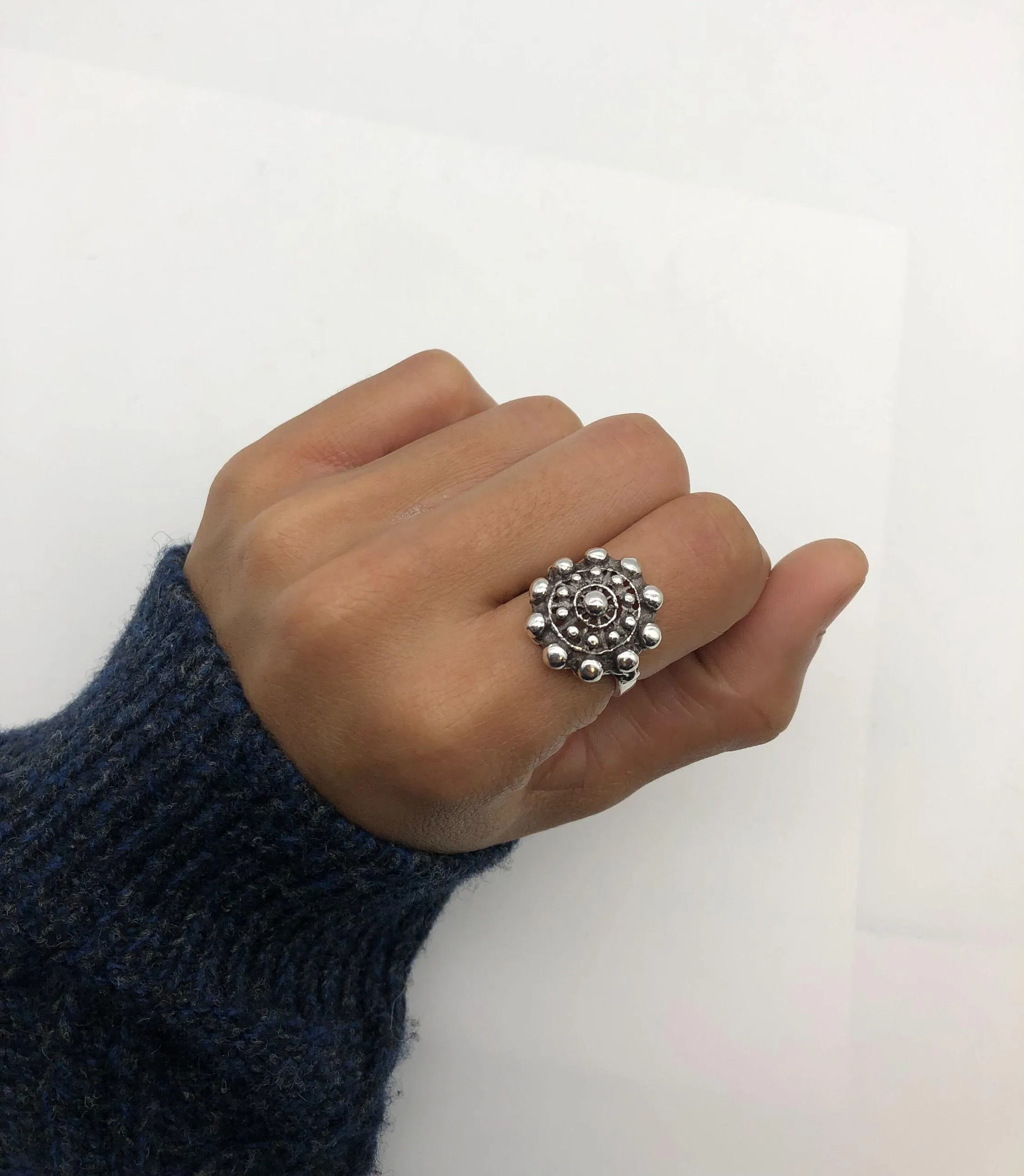 Charro Button Ring - Ancient Silver Ring, Vintage Floral Ring