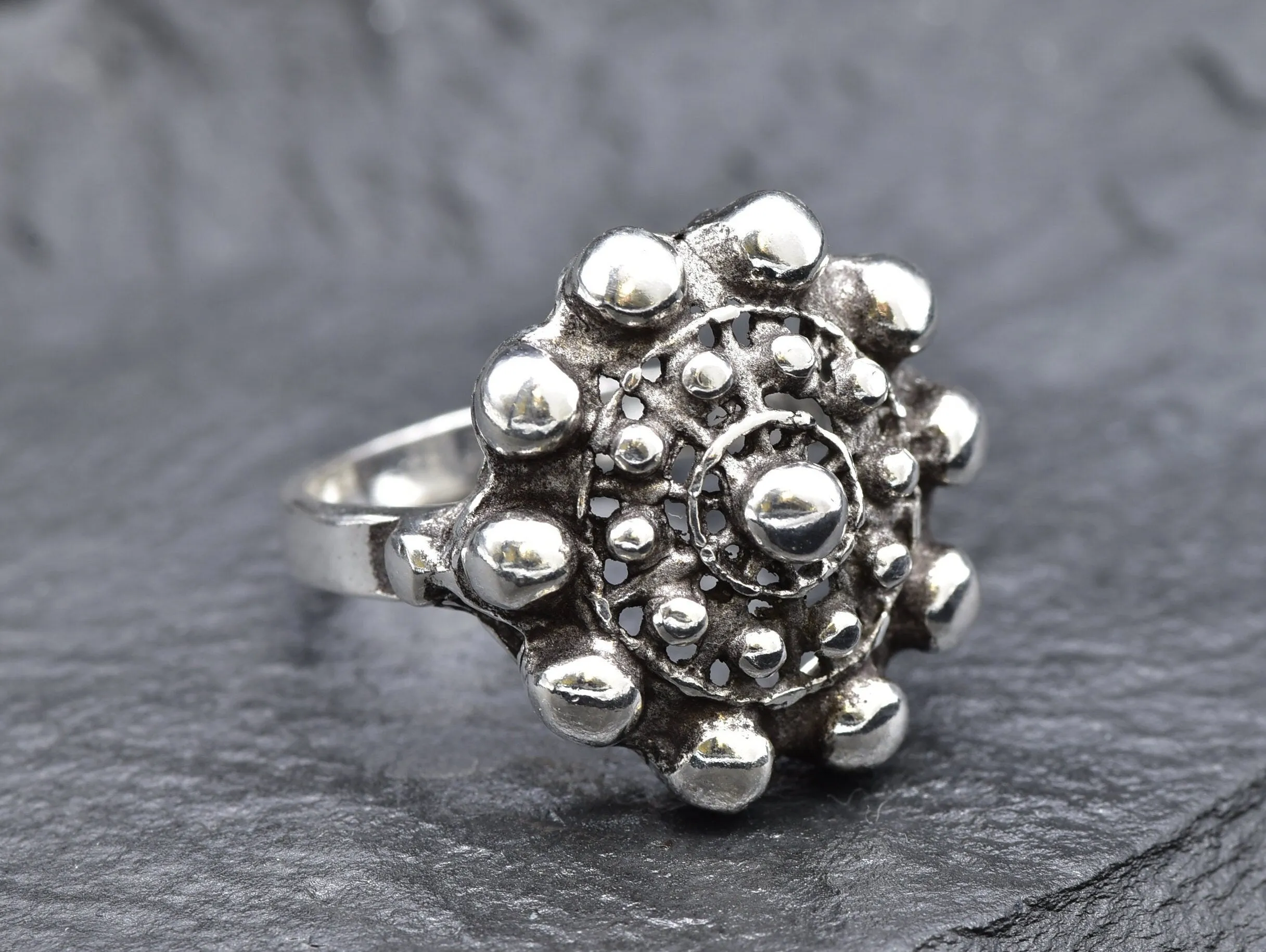 Charro Button Ring - Ancient Silver Ring, Vintage Floral Ring