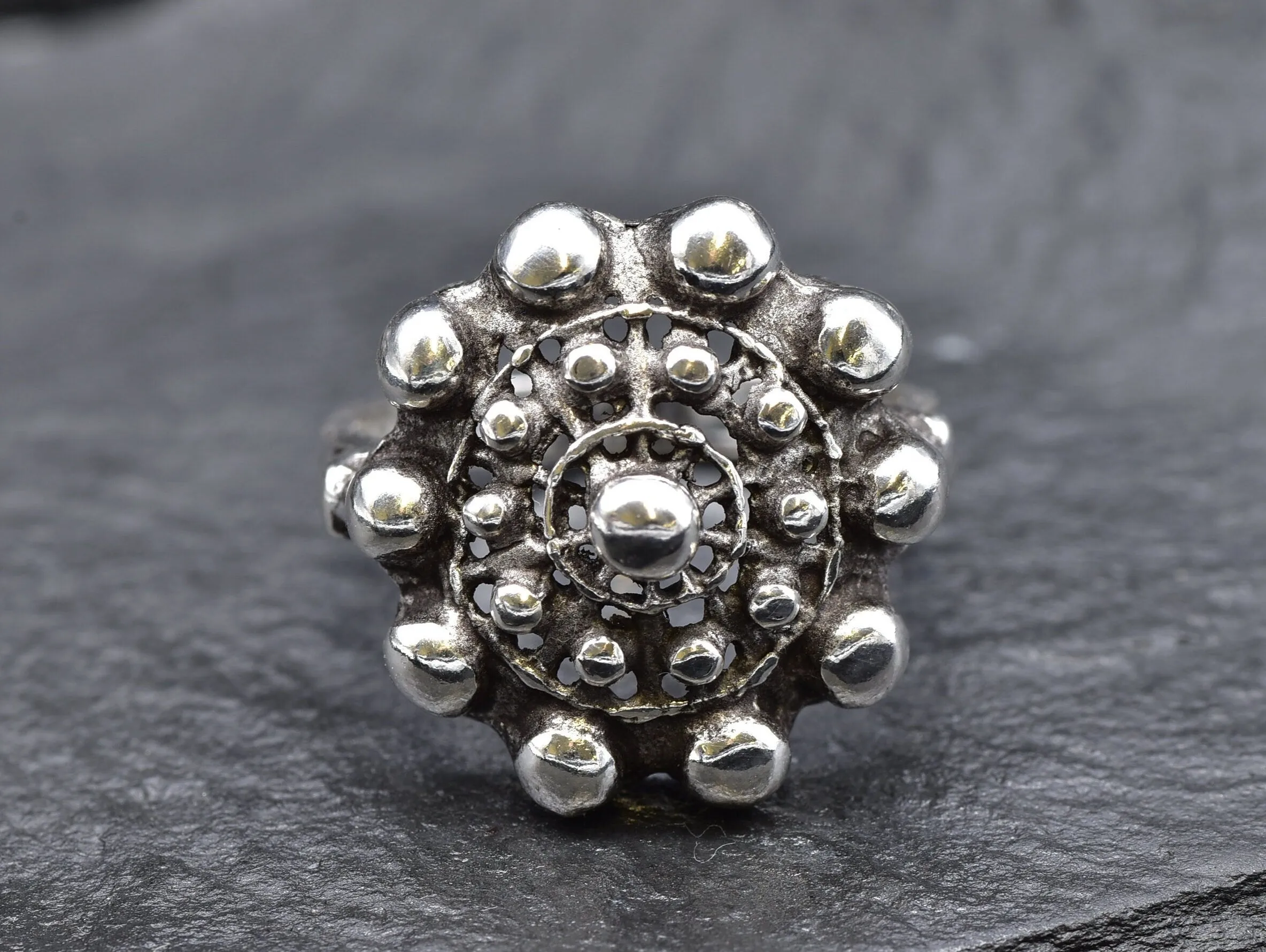 Charro Button Ring - Ancient Silver Ring, Vintage Floral Ring