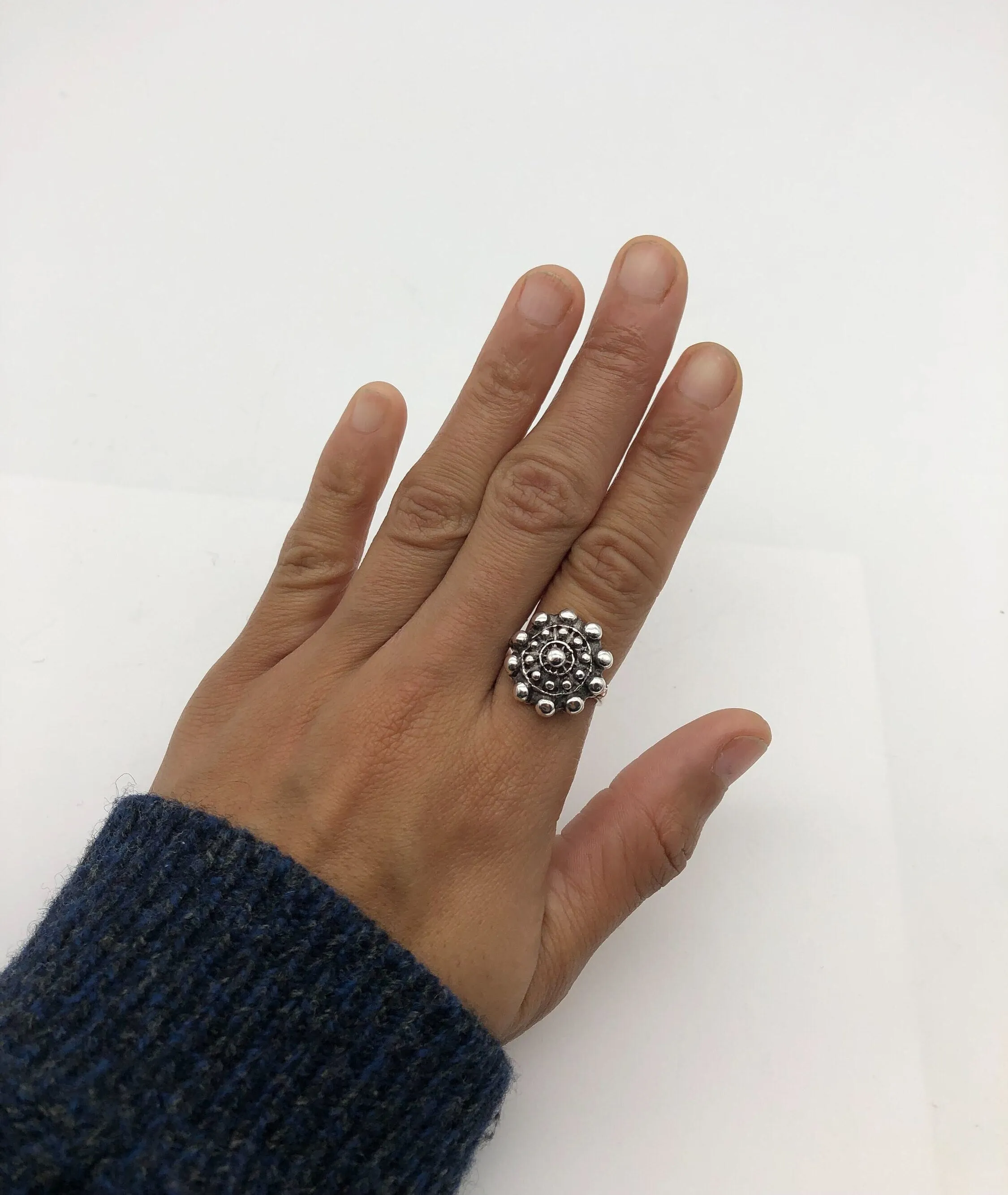 Charro Button Ring - Ancient Silver Ring, Vintage Floral Ring