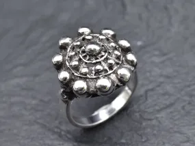 Charro Button Ring - Ancient Silver Ring, Vintage Floral Ring
