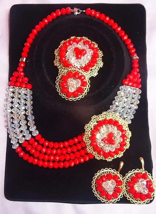 Cheap Multi Layers Red & White Crystal Beads African Party Necklace Jewelry Set