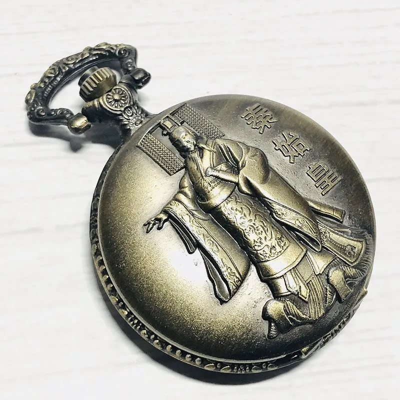Commemorative Double-Sided 3D Carved Pocket Watch Flip Iron Chain Quartz Watch