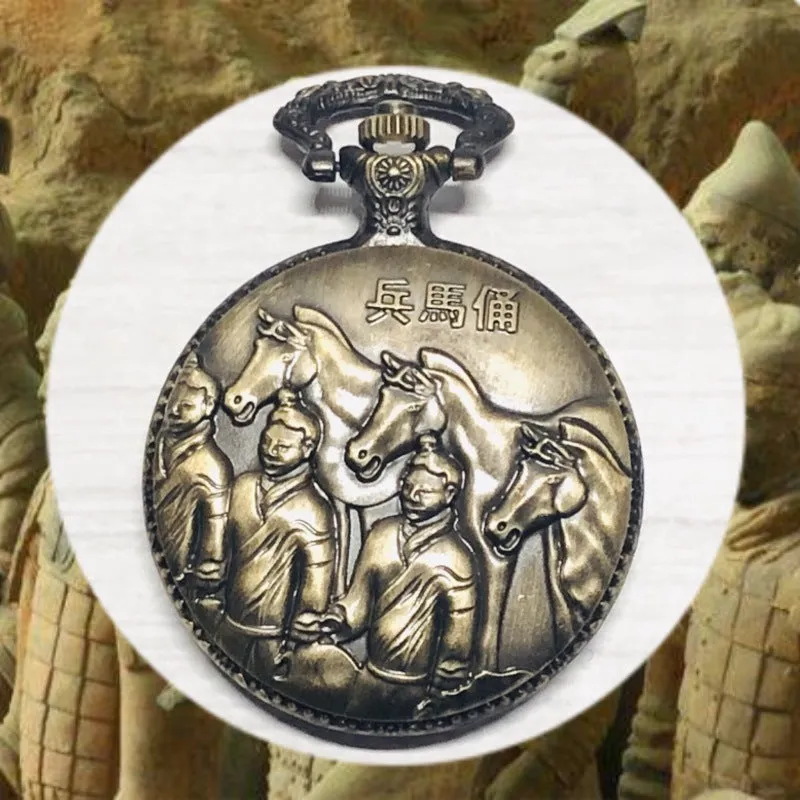 Commemorative Double-Sided 3D Carved Pocket Watch Flip Iron Chain Quartz Watch