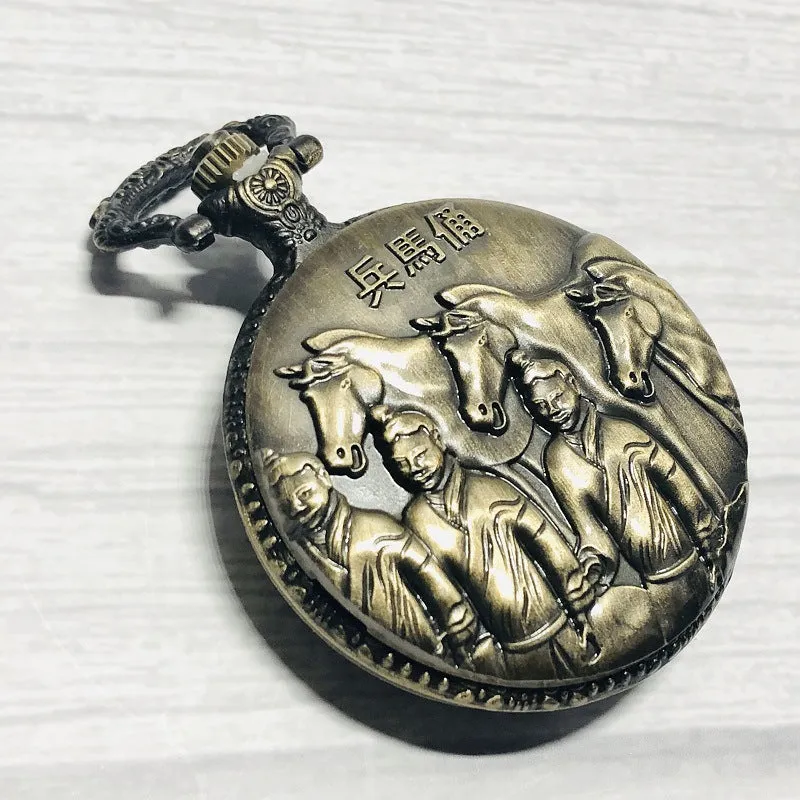 Commemorative Double-Sided 3D Carved Pocket Watch Flip Iron Chain Quartz Watch