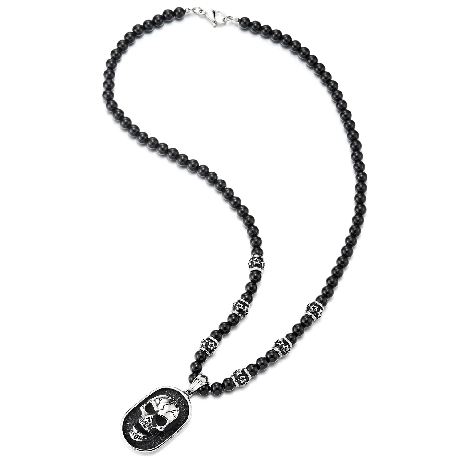 COOLSTEELANDBEYOND Gothic Style Skull Pendant Necklace for Men Black Onyx Beads Chain Stainless Steel Blackened Dog Tag