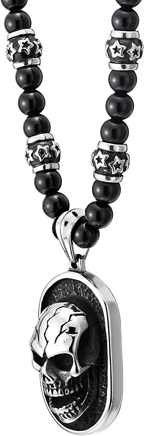 COOLSTEELANDBEYOND Gothic Style Skull Pendant Necklace for Men Black Onyx Beads Chain Stainless Steel Blackened Dog Tag