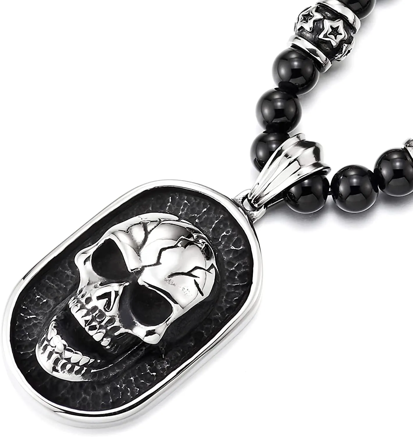 COOLSTEELANDBEYOND Gothic Style Skull Pendant Necklace for Men Black Onyx Beads Chain Stainless Steel Blackened Dog Tag