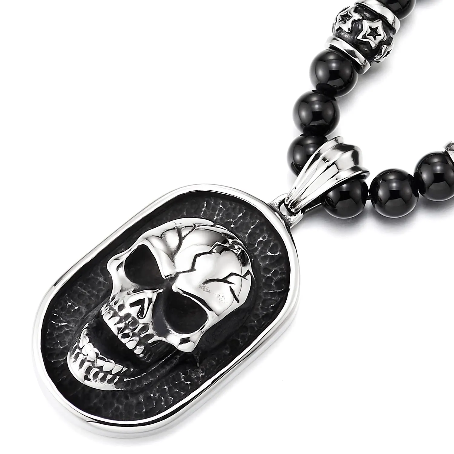 COOLSTEELANDBEYOND Gothic Style Skull Pendant Necklace for Men Black Onyx Beads Chain Stainless Steel Blackened Dog Tag